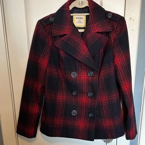 Old Navy Women's Plaid Peacoat in Red and Black
